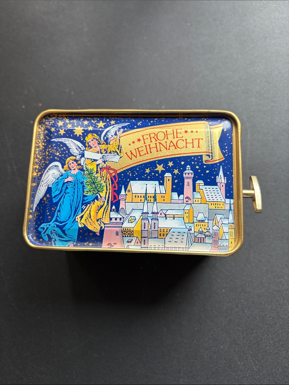 Vintage 'Frohe Weihnacht' Music Tin with Angels plays Silent Night